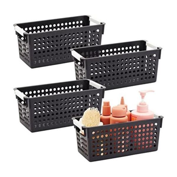 Cestas de plástico negro con asas para baño lavandería