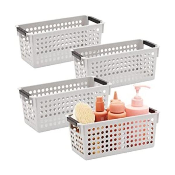 Cestas de plástico gris con asas para baño lavandería