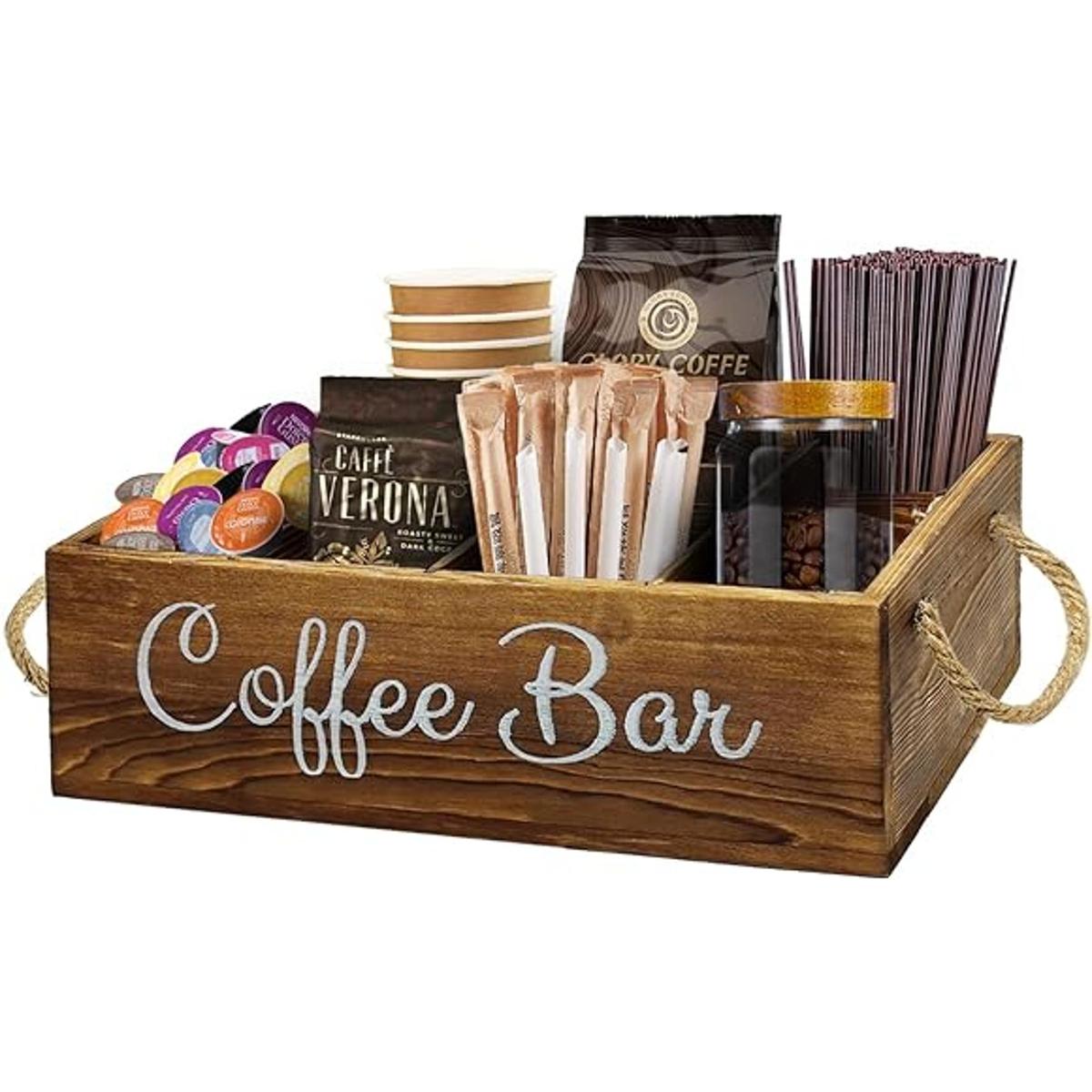 Coffee Station Organizer 3 Removable Dividers Wooden