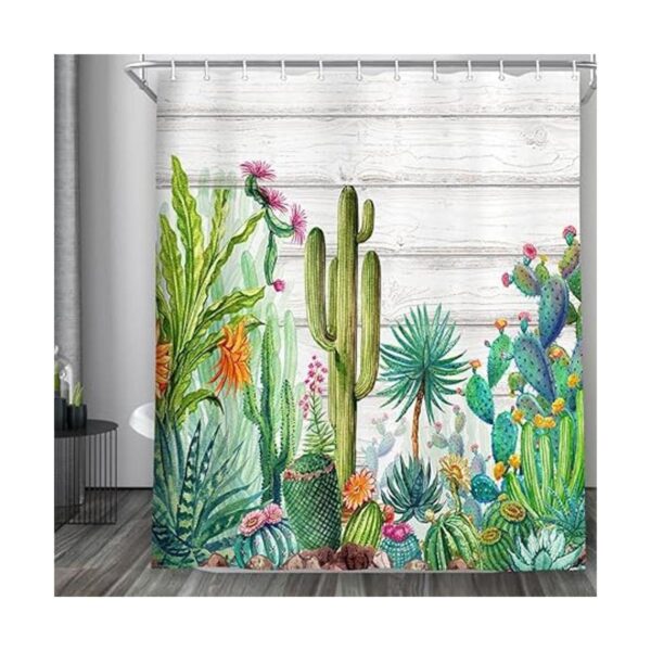 Cortina de ducha de cactus planta tropical hojas verdes_2