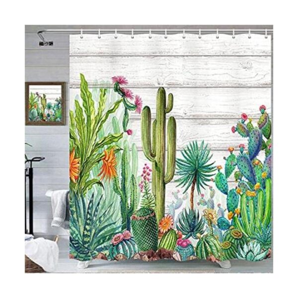 Cortina de ducha de cactus planta tropical hojas verdes_1