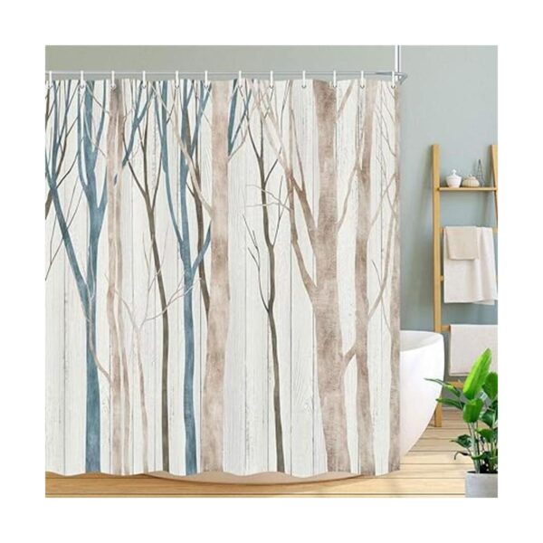 Cortina de ducha de tela de árbol azul marrón estilo_2