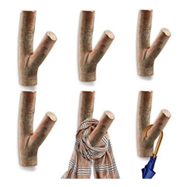 DEAYOU 6 ganchos de pared de árbol de madera adhesivos de