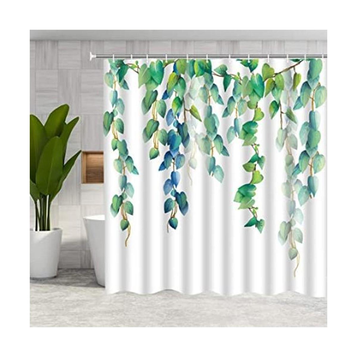 DMTTY Cortina de ducha verde hoja fresca verano baño