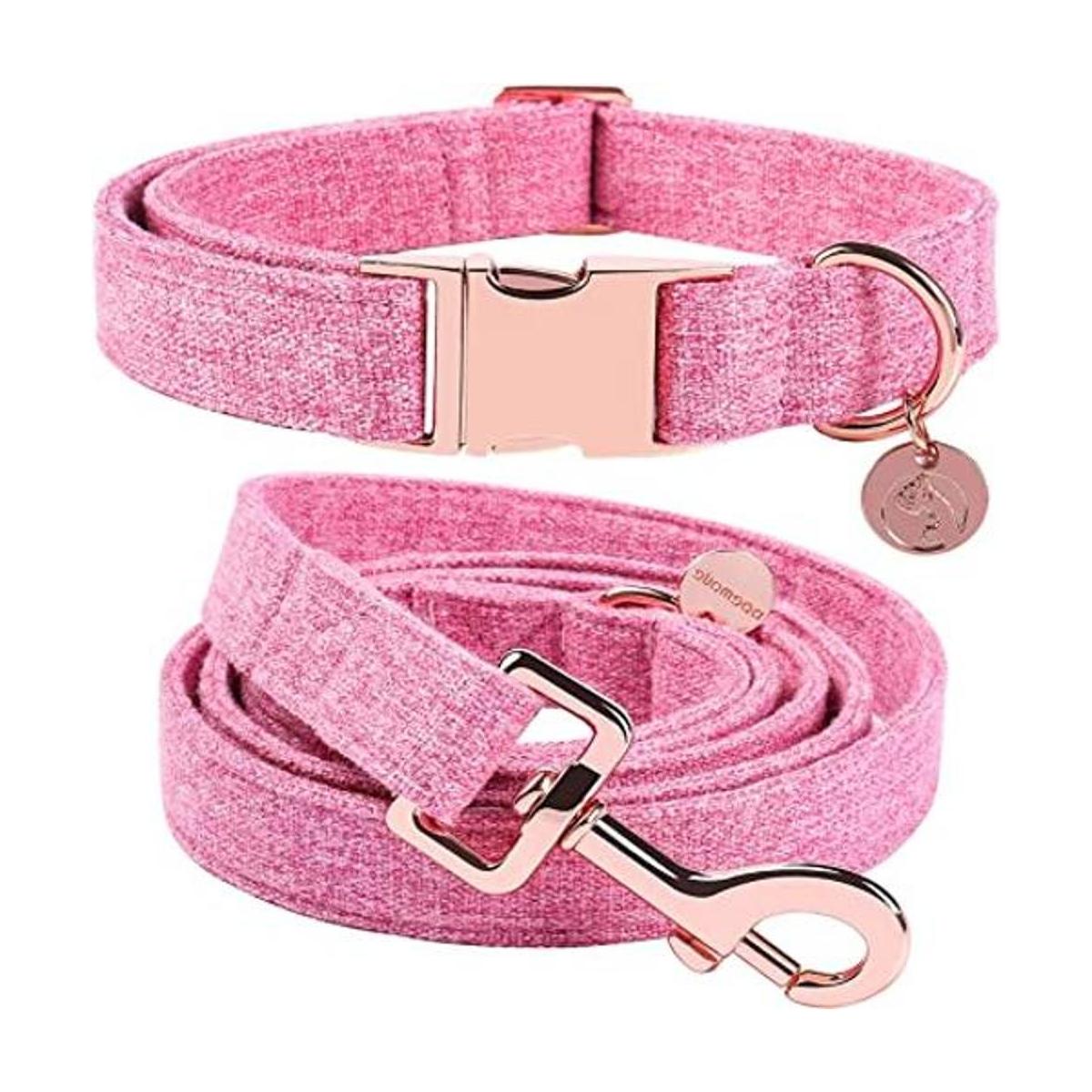 DOGWONG Collar y correa de algodón para perro rosa para