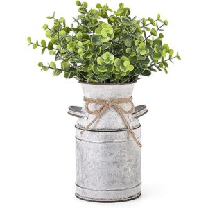 Dahey Jarrón de flores de metal con eucalipto artificial_1
