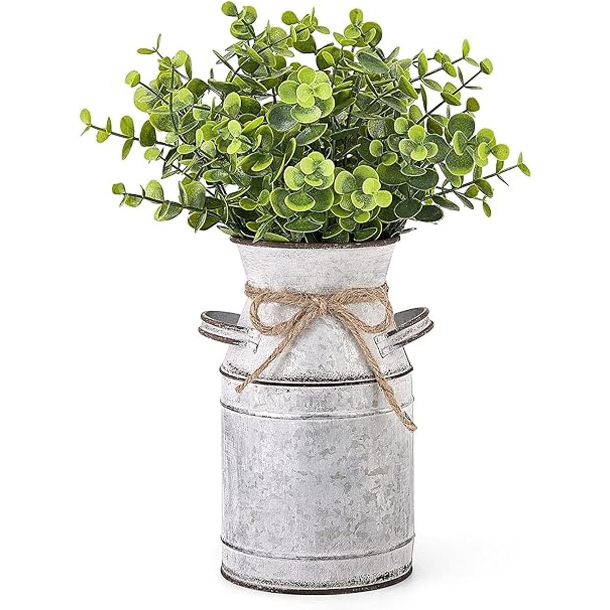 Dahey Jarrón de flores de metal con eucalipto artificial