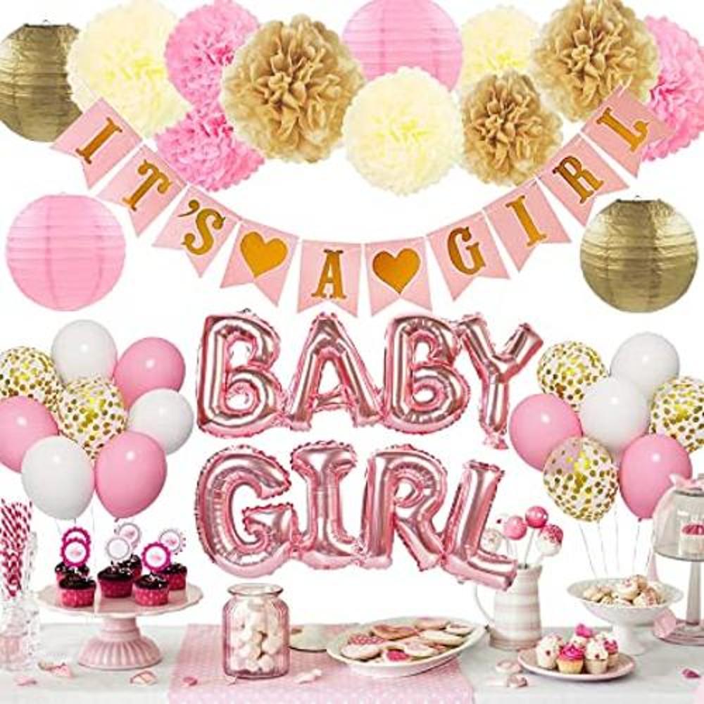 Decoraciones de baby shower rosa para niña con pancarta