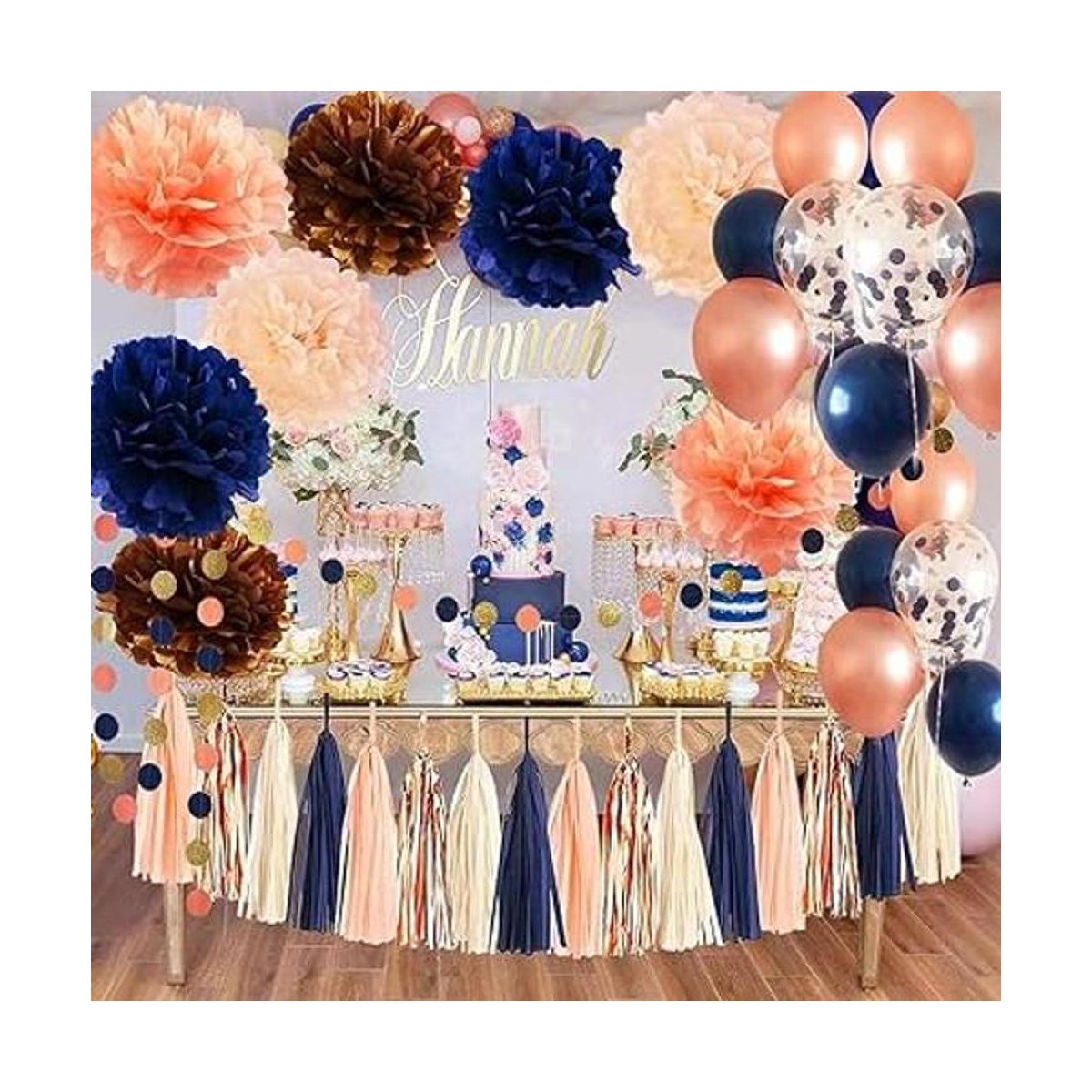 Decoraciones de cumpleaños de oro rosa azul marino para