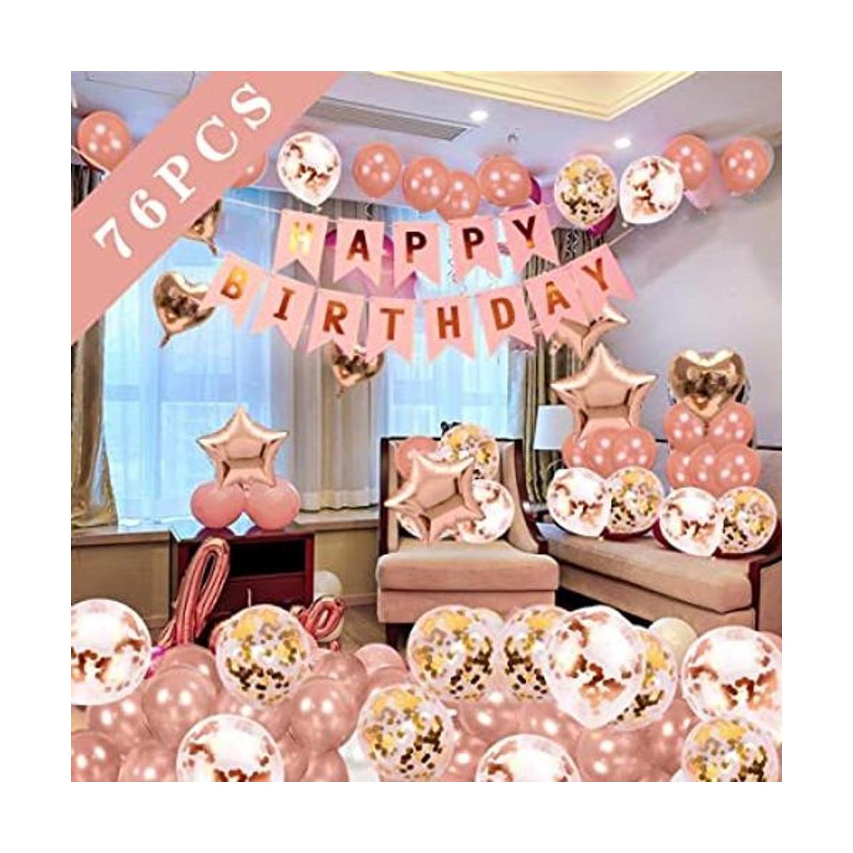 Decoraciones en color oro rosa para fiesta de cumpleaños