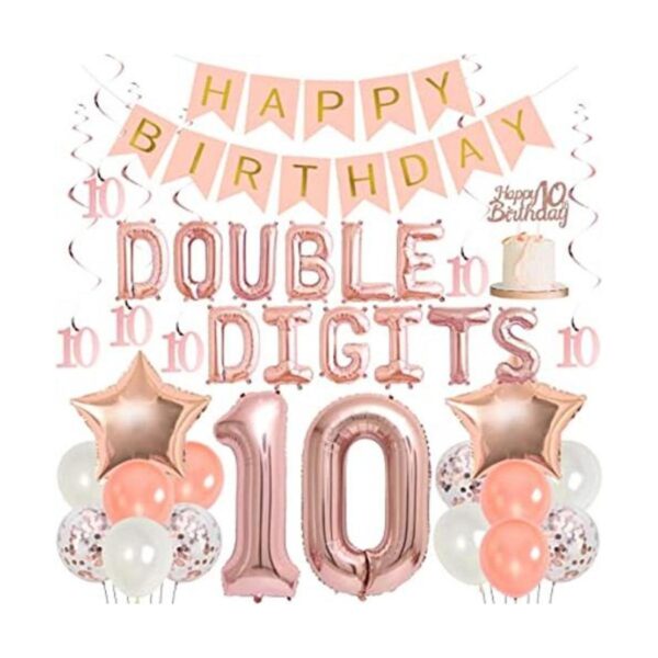 Decoración de cumpleaños número 10 para niña oro rosa_1