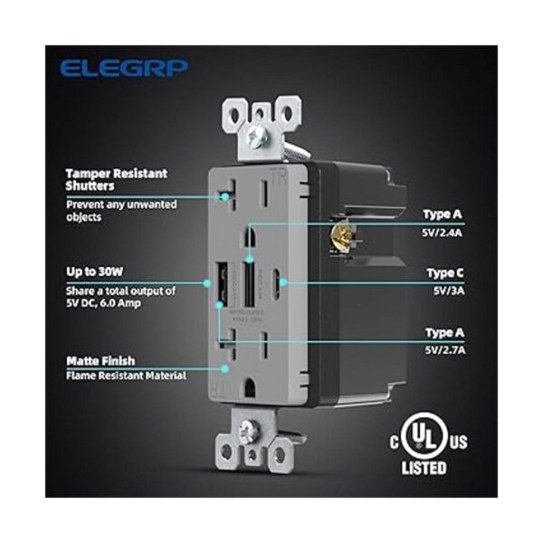 ELEGRP Toma de pared USB de 30 W 6.0 amperios 3 puertos_4