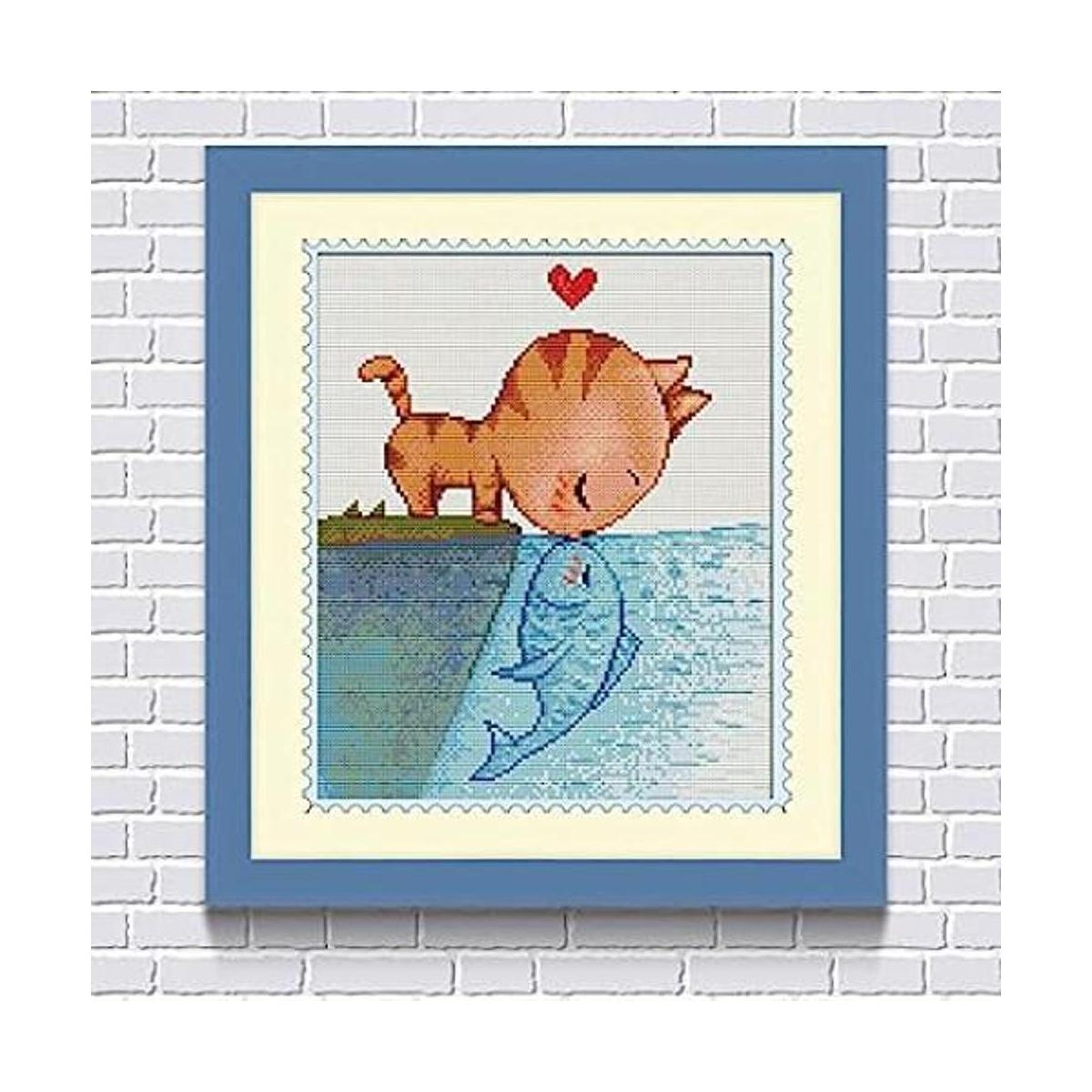 Faraway Cat Kiss Fish DIY Pintura de diamante para niños