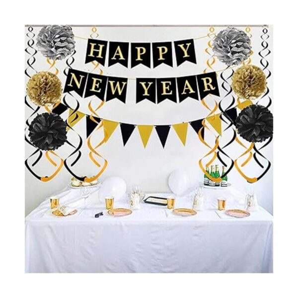 Feliz Año Nuevo con banderines de papel negro dorado con