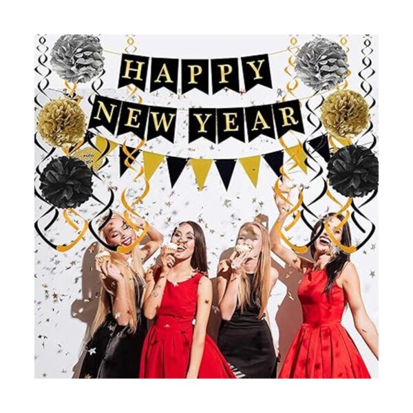 Feliz Año Nuevo con banderines de papel negro dorado con
