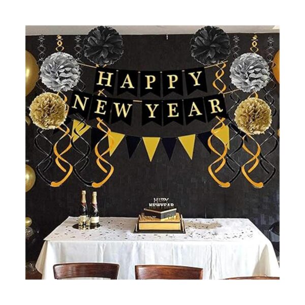 Feliz Año Nuevo con banderines de papel negro dorado con
