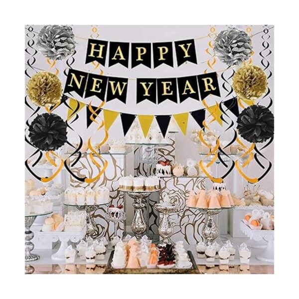 Feliz Año Nuevo con banderines de papel negro dorado con