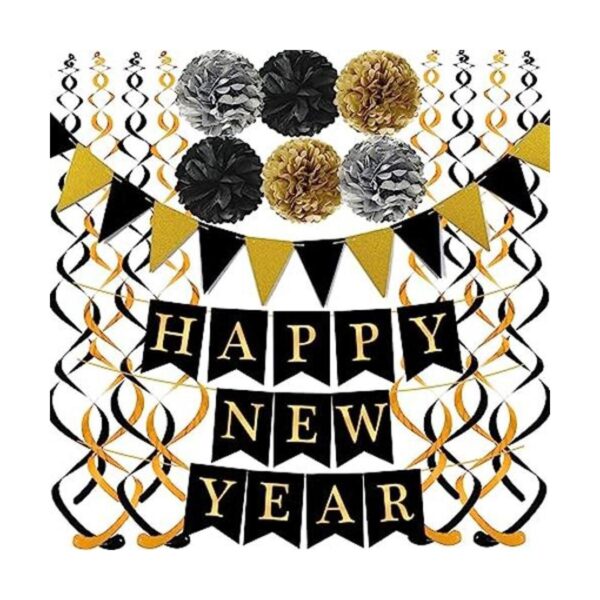Feliz Año Nuevo con banderines de papel negro dorado con