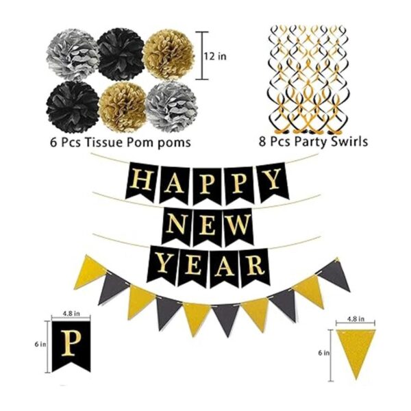 Feliz Año Nuevo con banderines de papel negro dorado con