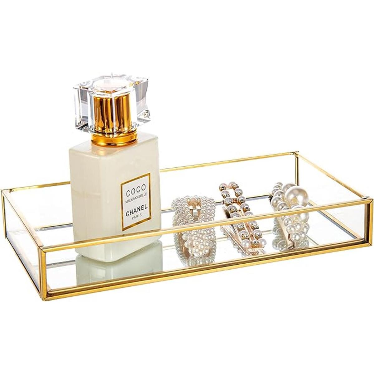 Feyarl Bandeja de tocador de cristal transparente dorado