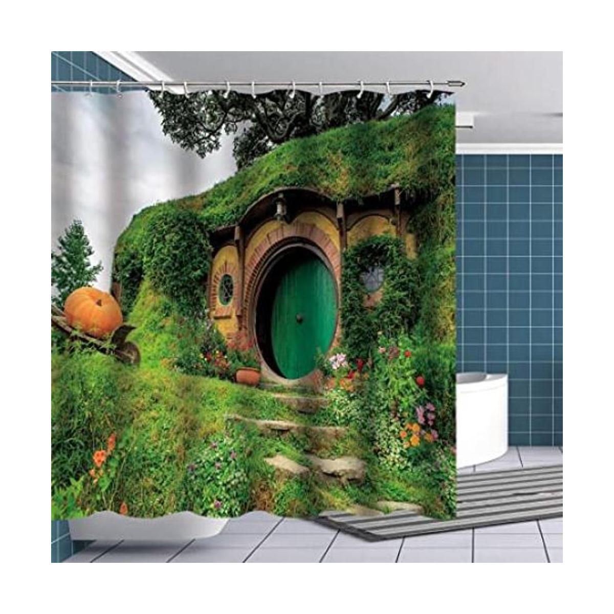 Fuortia Hobbit Cortina de ducha Fantasía Rural Verde