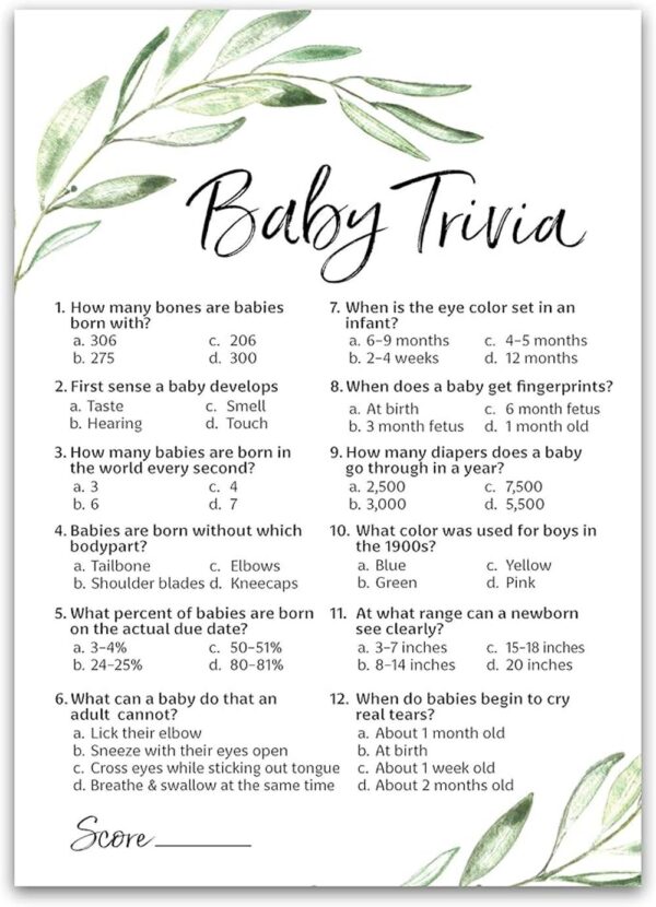 GREENERY Juego de baby shower Juegos de Baby Trivia