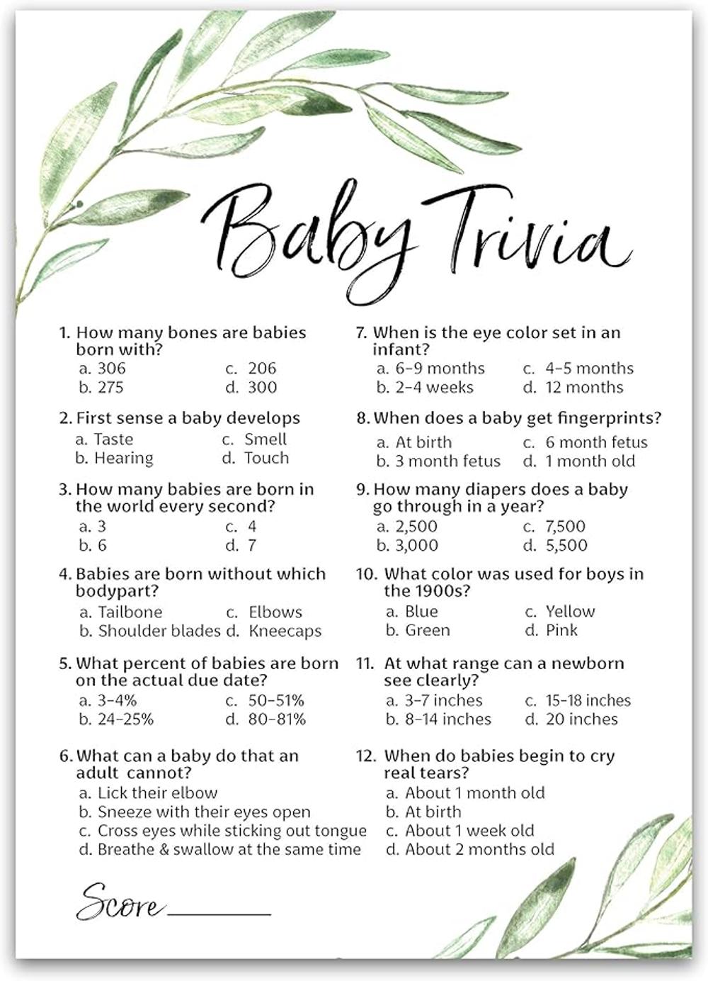 GREENERY Juego de baby shower Juegos de Baby Trivia