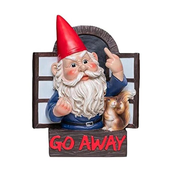 Go Away Estatua de gnomos de dedo medio extravagante