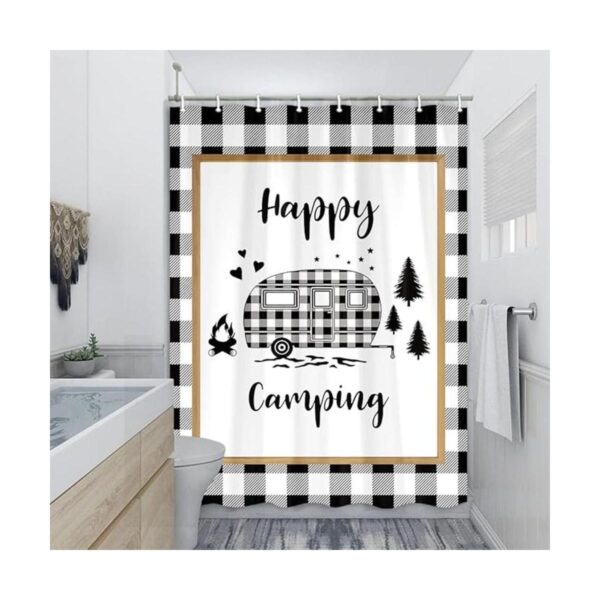 Happy Camper Quotes Cortina de ducha a cuadros de búfalo_1