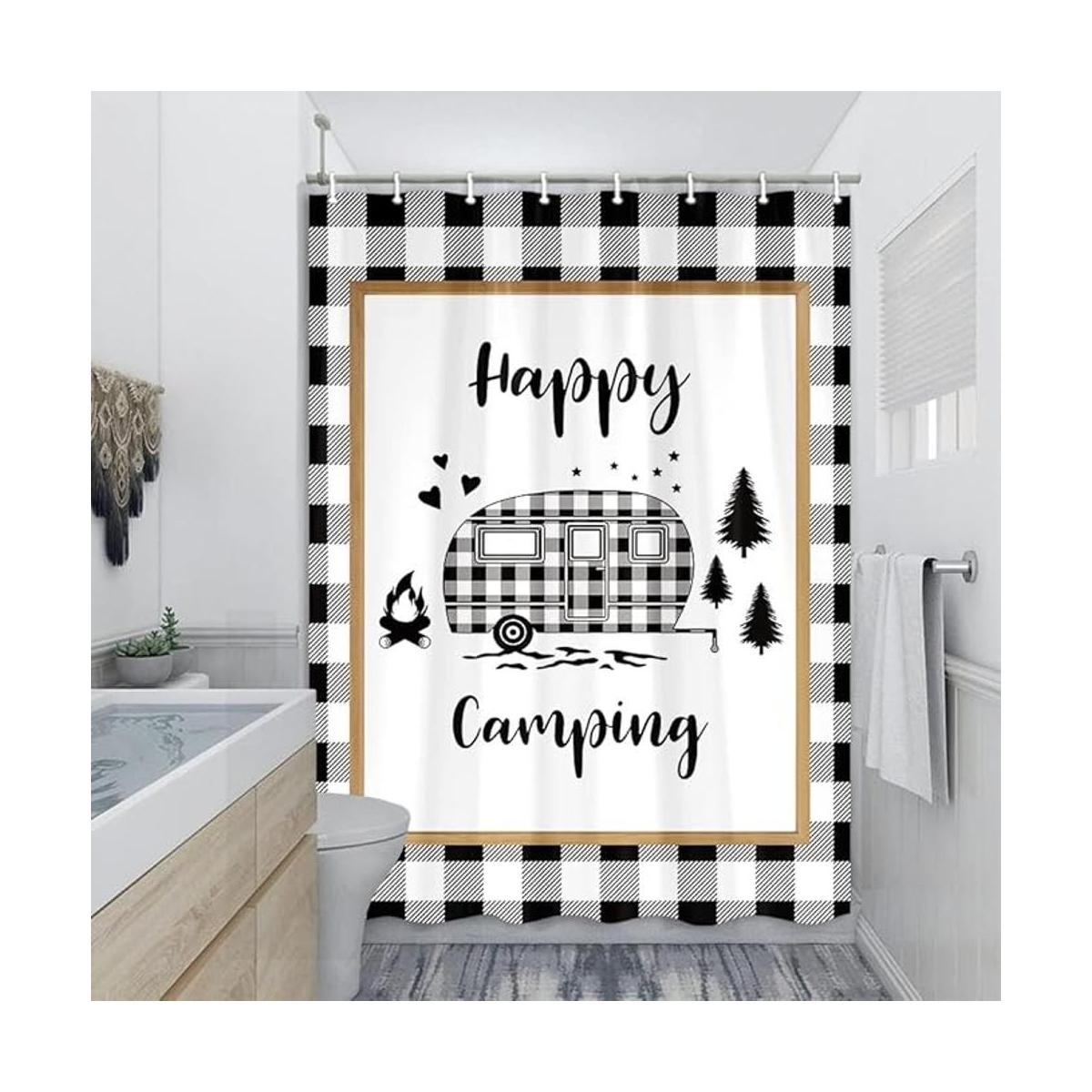 Happy Camper Quotes Cortina de ducha a cuadros de búfalo