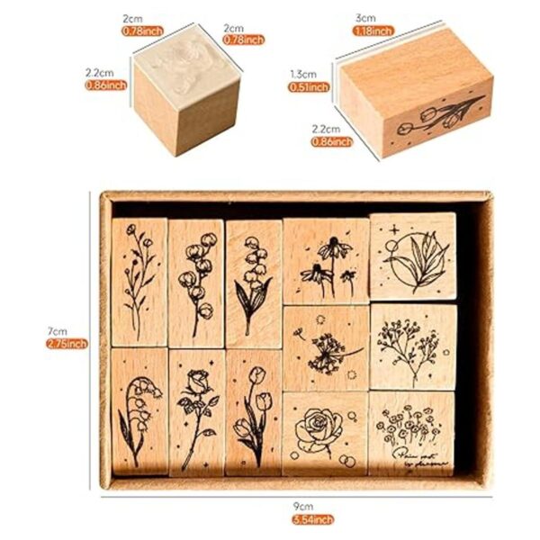 Juego de 12 sellos de goma de madera vintage de flores