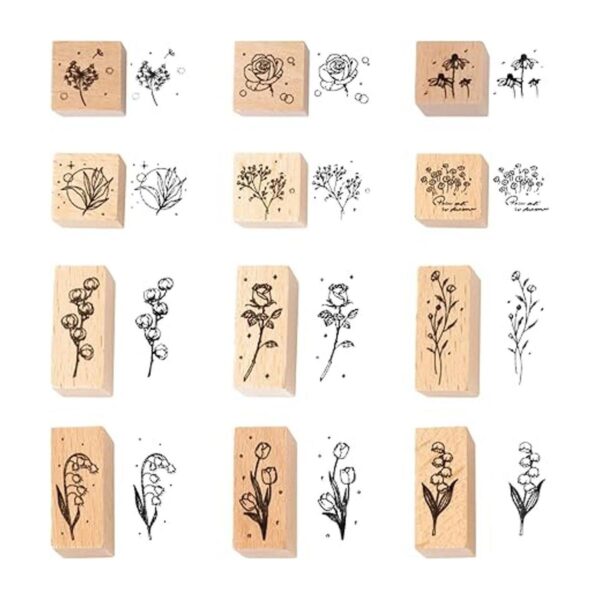 Juego de 12 sellos de goma de madera vintage de flores