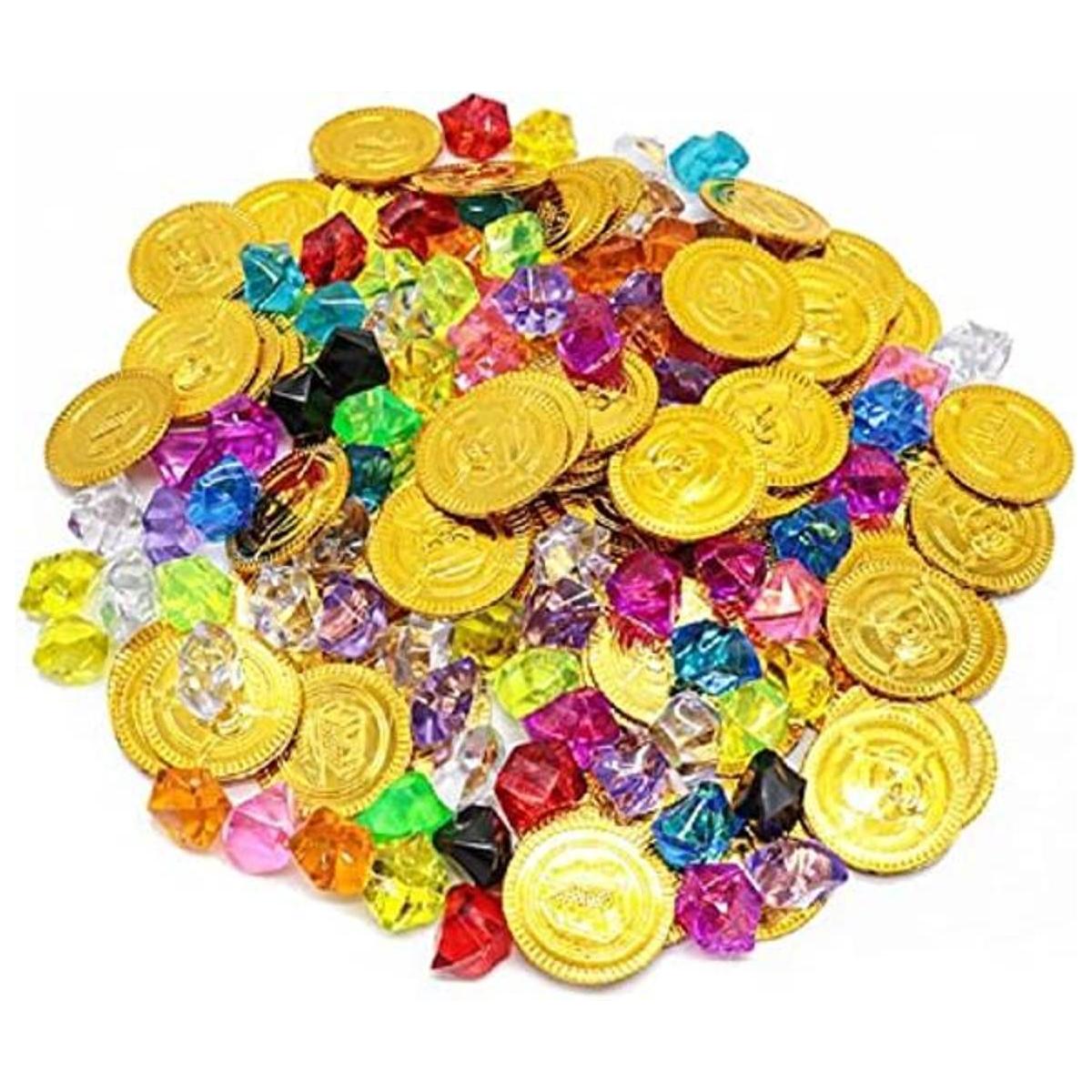 160 monedas de oro pirata de plástico gemas de colores