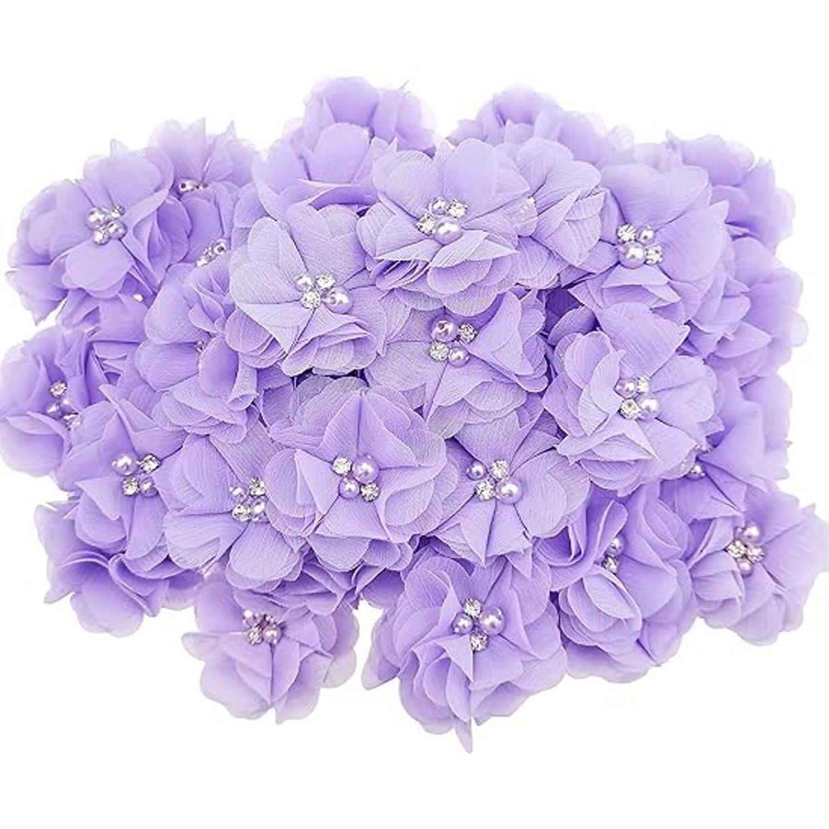 30 apliques de tela de costura de flores de gasa moradas