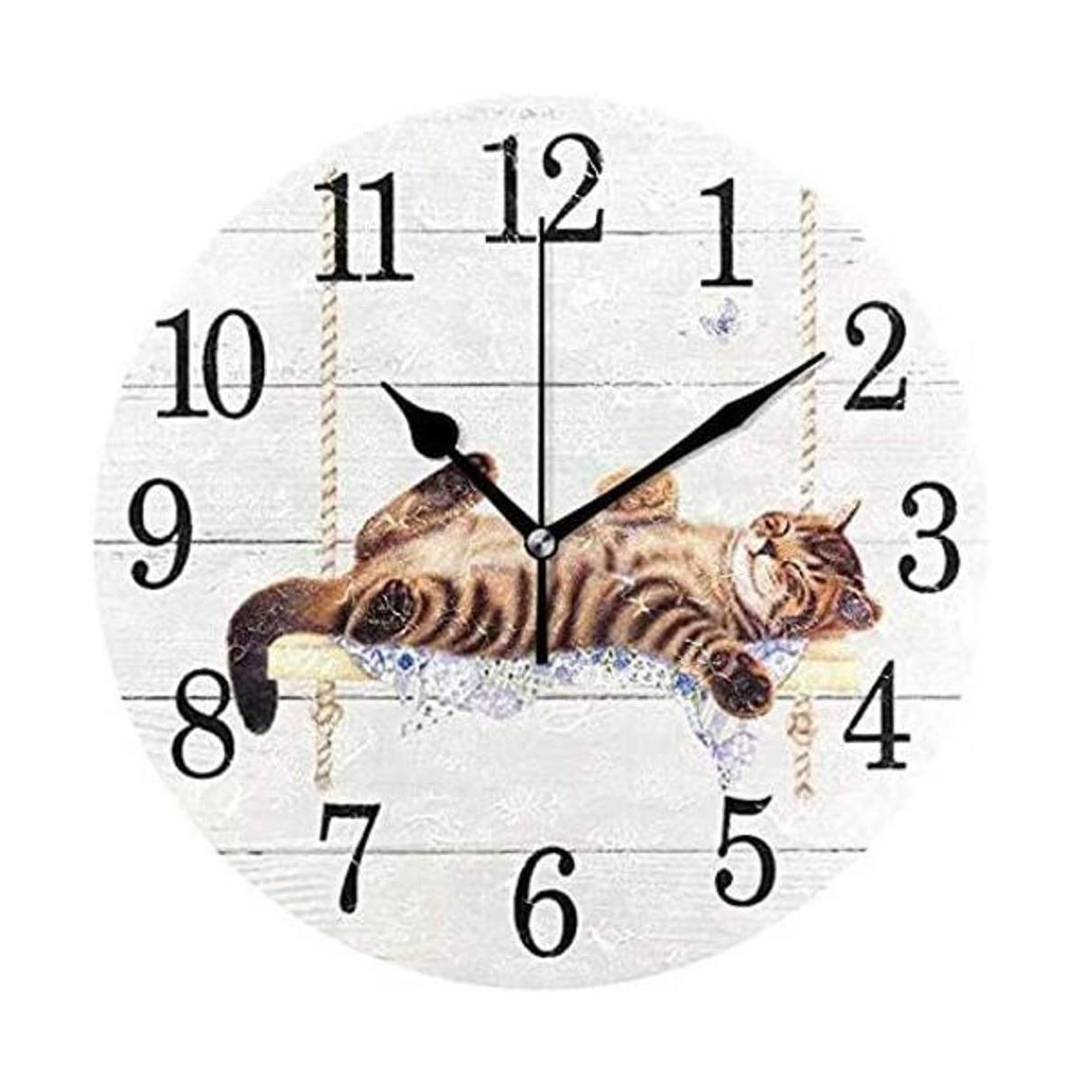 Wamika Reloj de pared redondo de gato en oscilación blanco