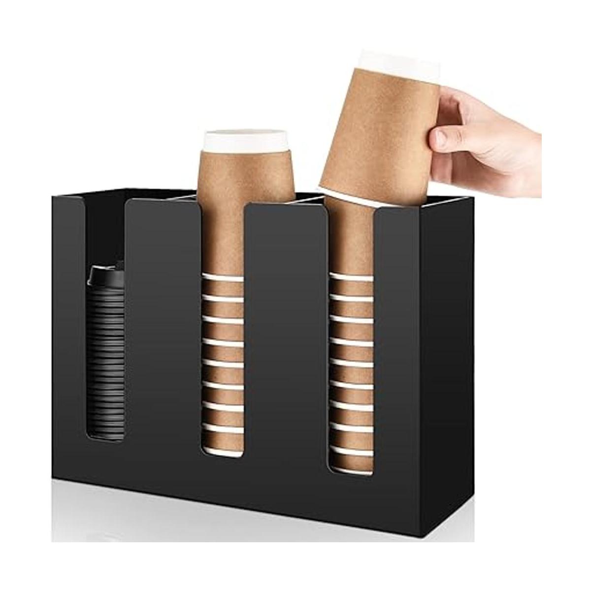 Dispensador de tazas de café acrílico de 3 compartimentos