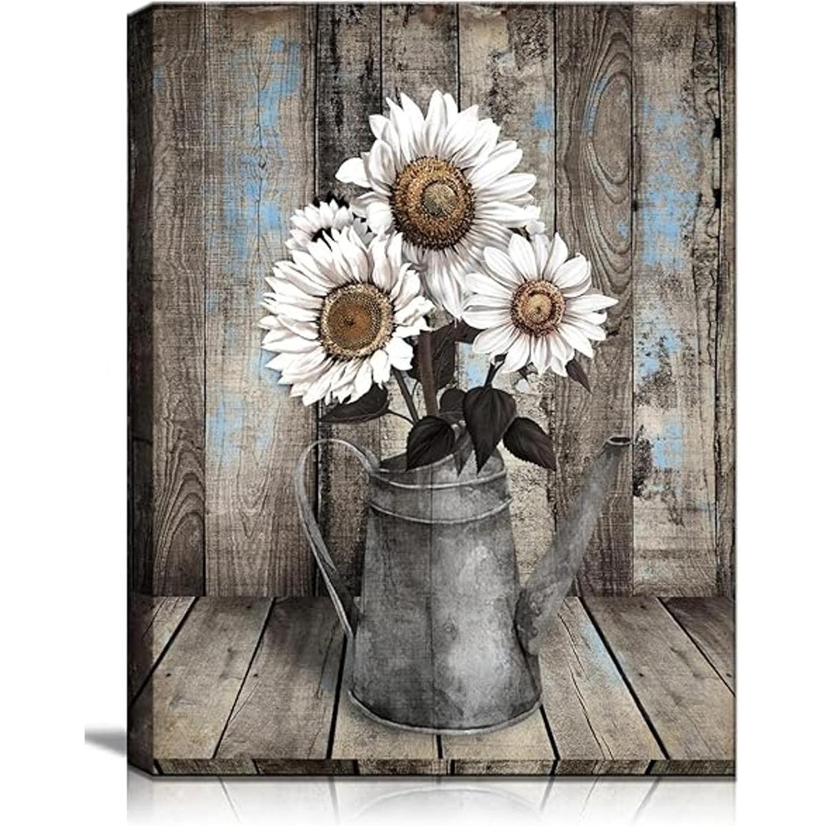 Arte de pared rústico con diseño de girasol blanco