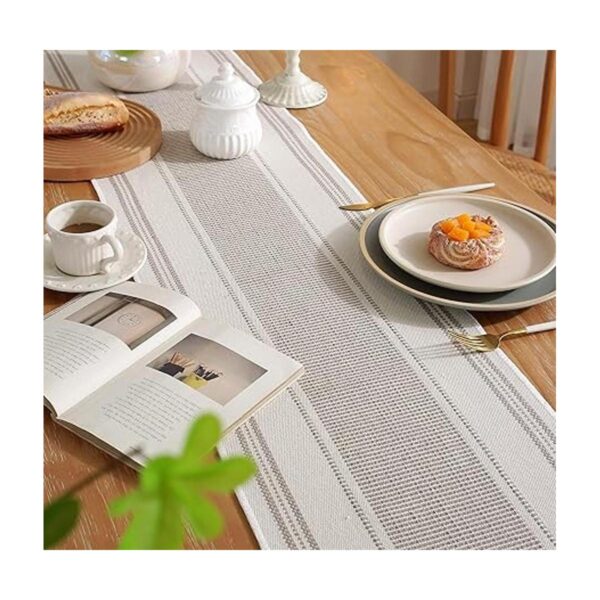 Camino de mesa bohemio a rayas naturales para decoración_5