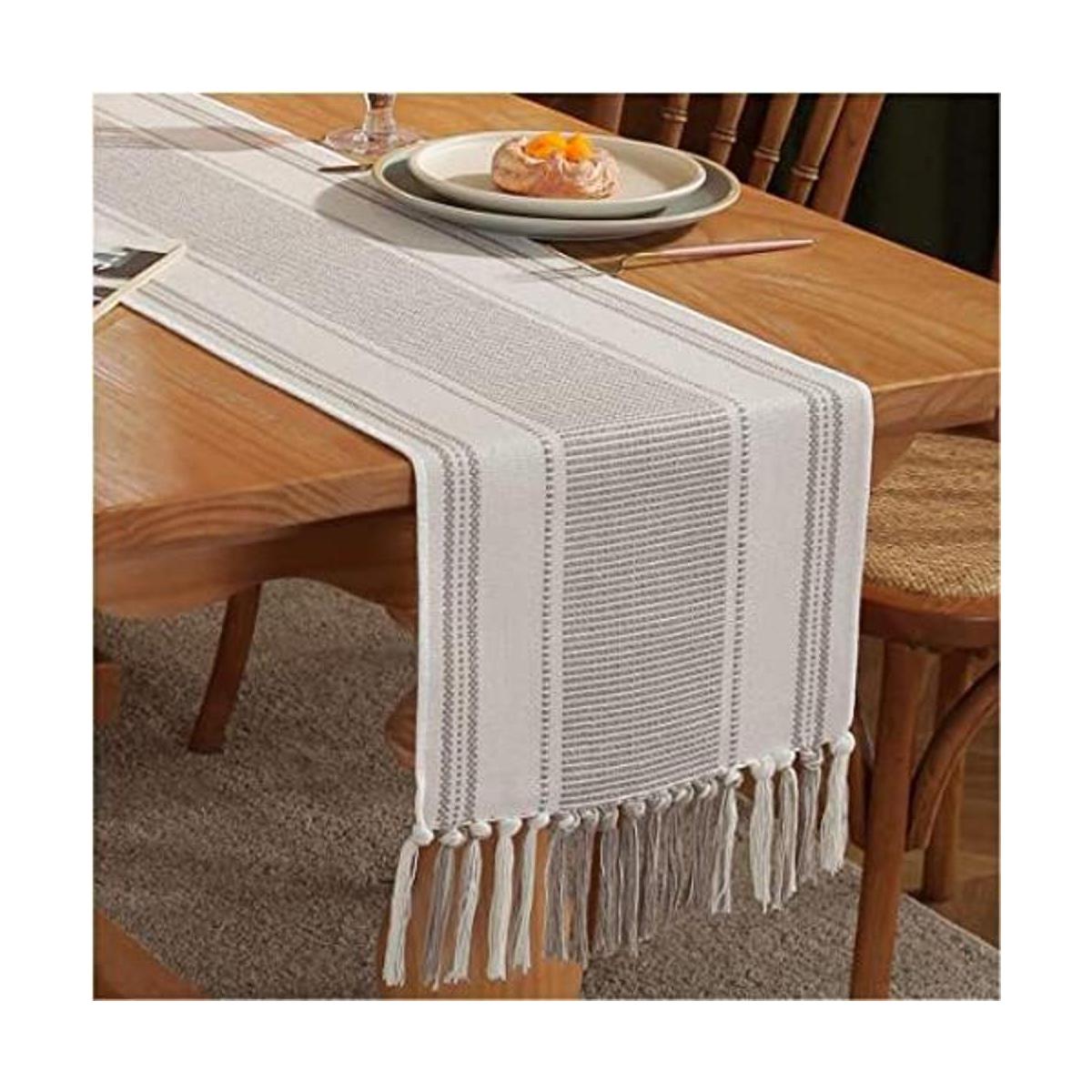 Camino de mesa bohemio a rayas naturales para decoración