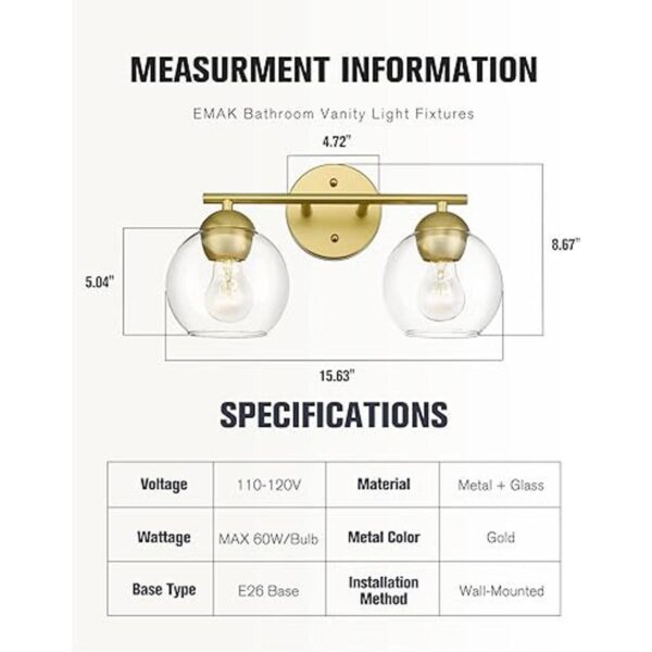 EMAK VL114GD2 Lámparas de baño doradas con 2 luces sobre_2
