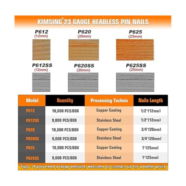 KIMSING P620 Clavos sin cabeza calibre 23 longitud de