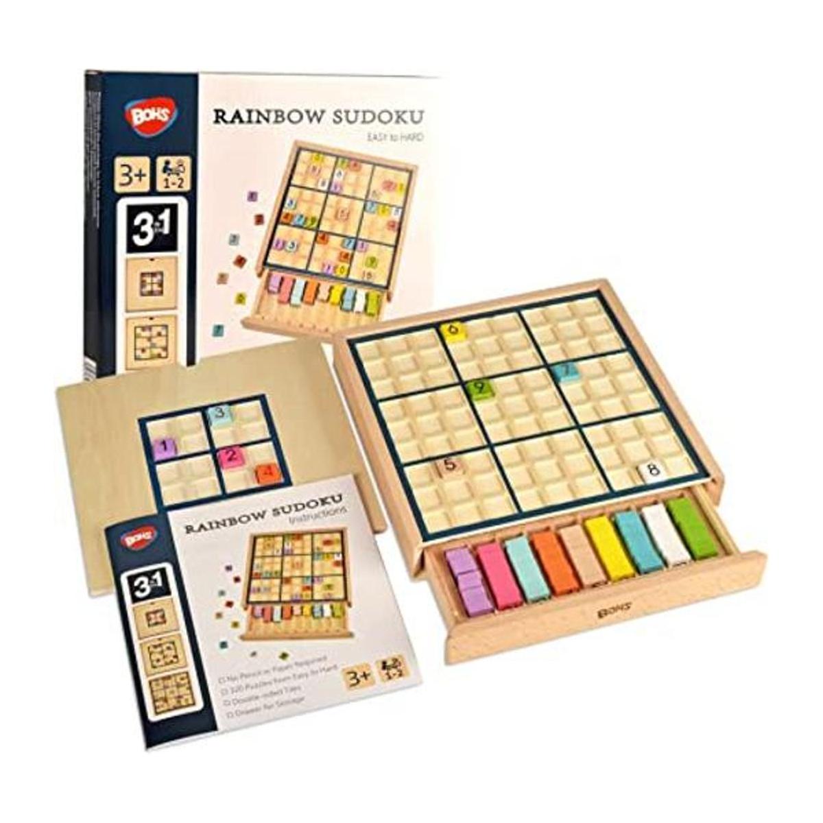 BOHS Juego de mesa de Sudoku de madera arcoíris con cajón