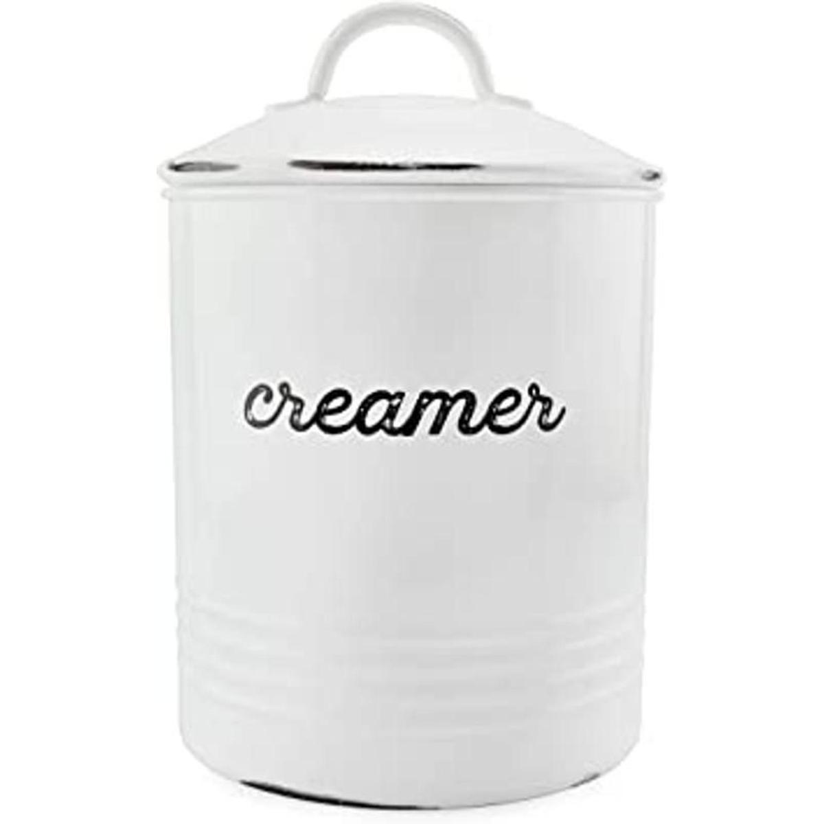 AuldHome Bote de crema blanca esmaltada; estilo rústico