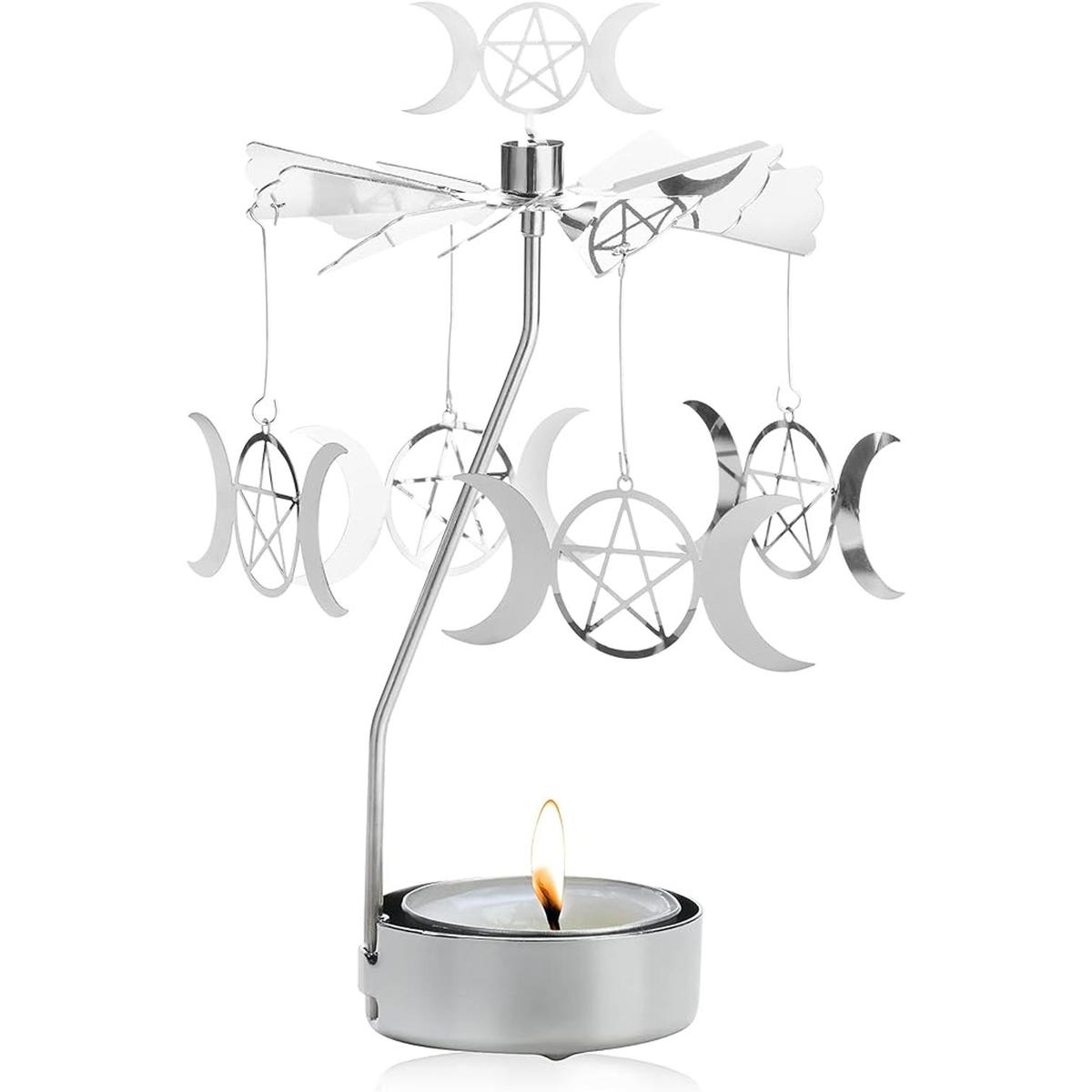 Portavelas giratorio de luz de té plata con triple luna
