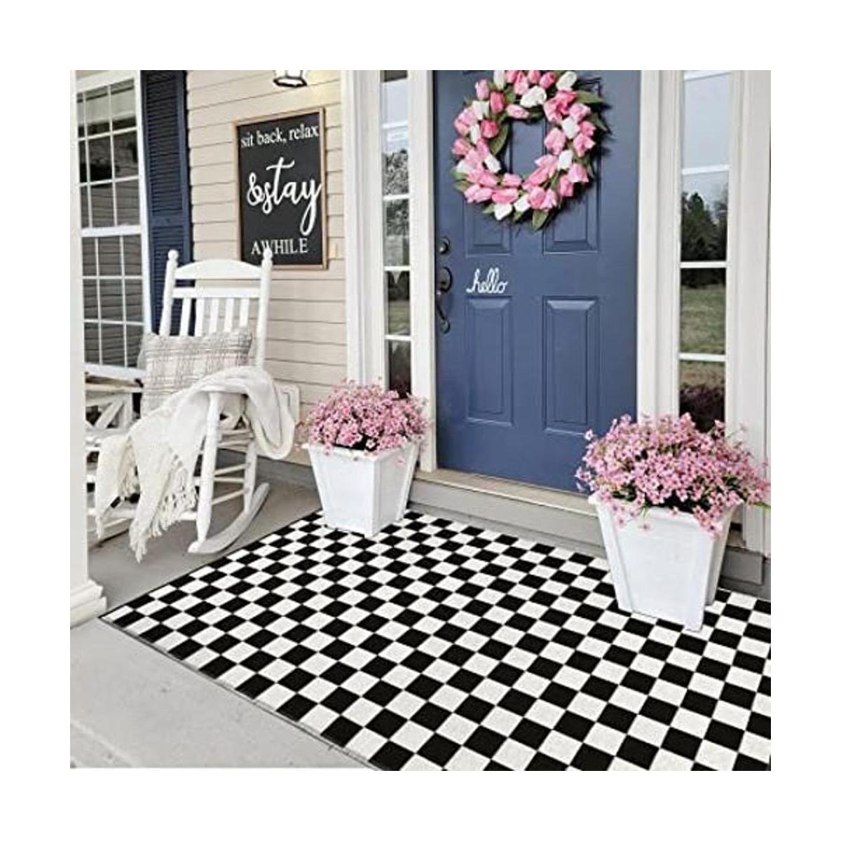 LEEVAN Alfombra a cuadros en blanco y negro de 3 x 5 pies