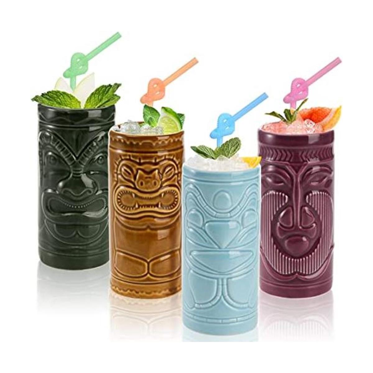 Cedilis Paquete de 4 tazas de cerámica Tiki de 10 onzas