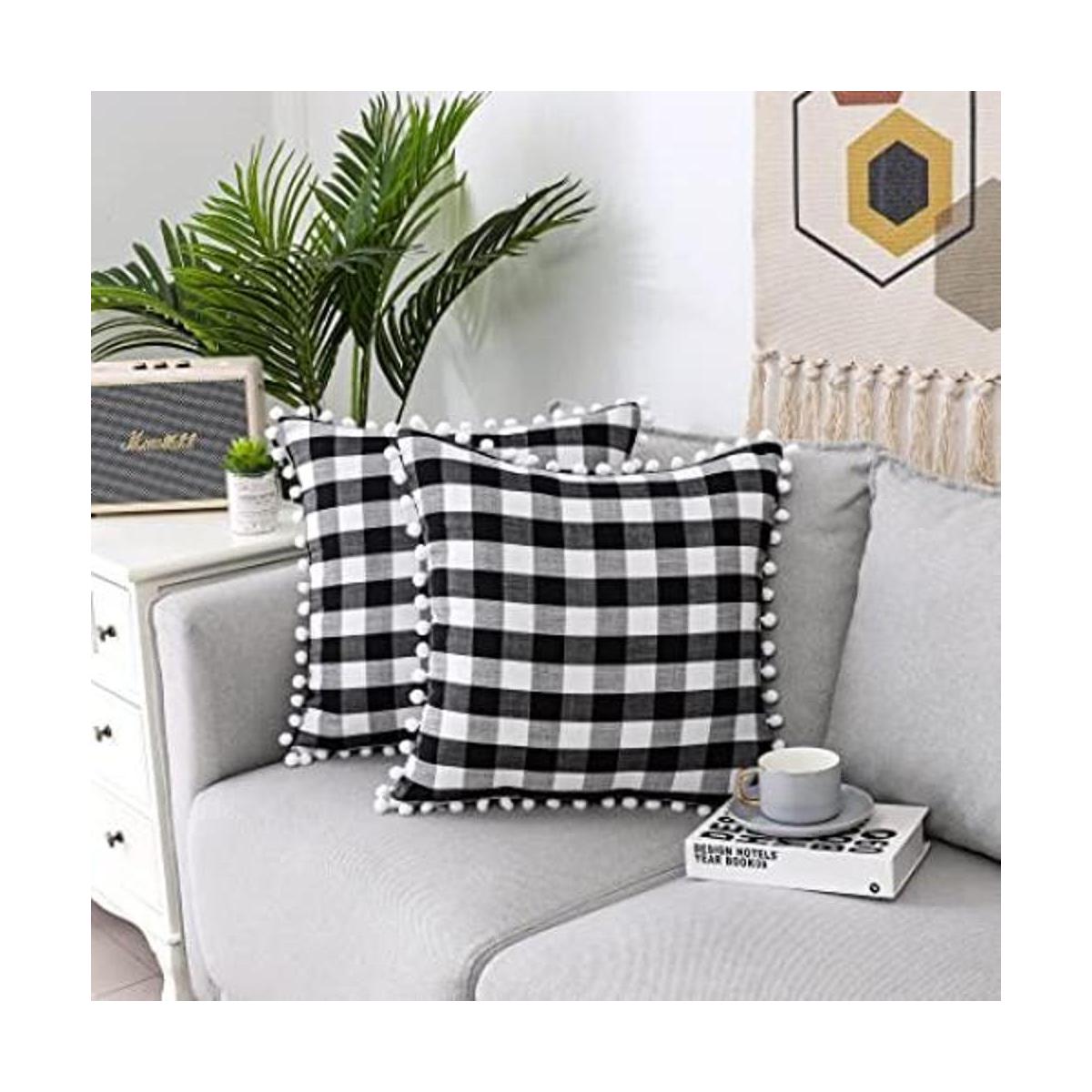 Juego de 2 fundas de almohada de otoño a cuadros negros y