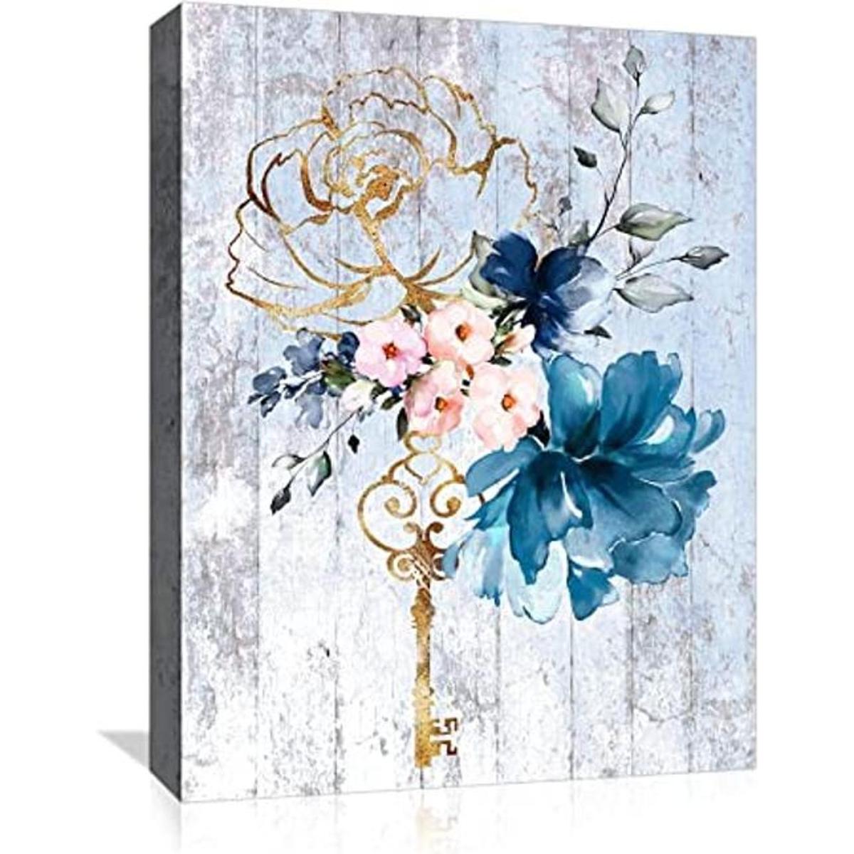 Arte decorativo de pared de baño con flores y azules