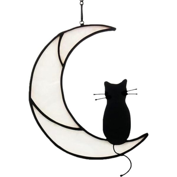 HAOSUM Adorno colgante de vitral de gato negro sobre luna_1