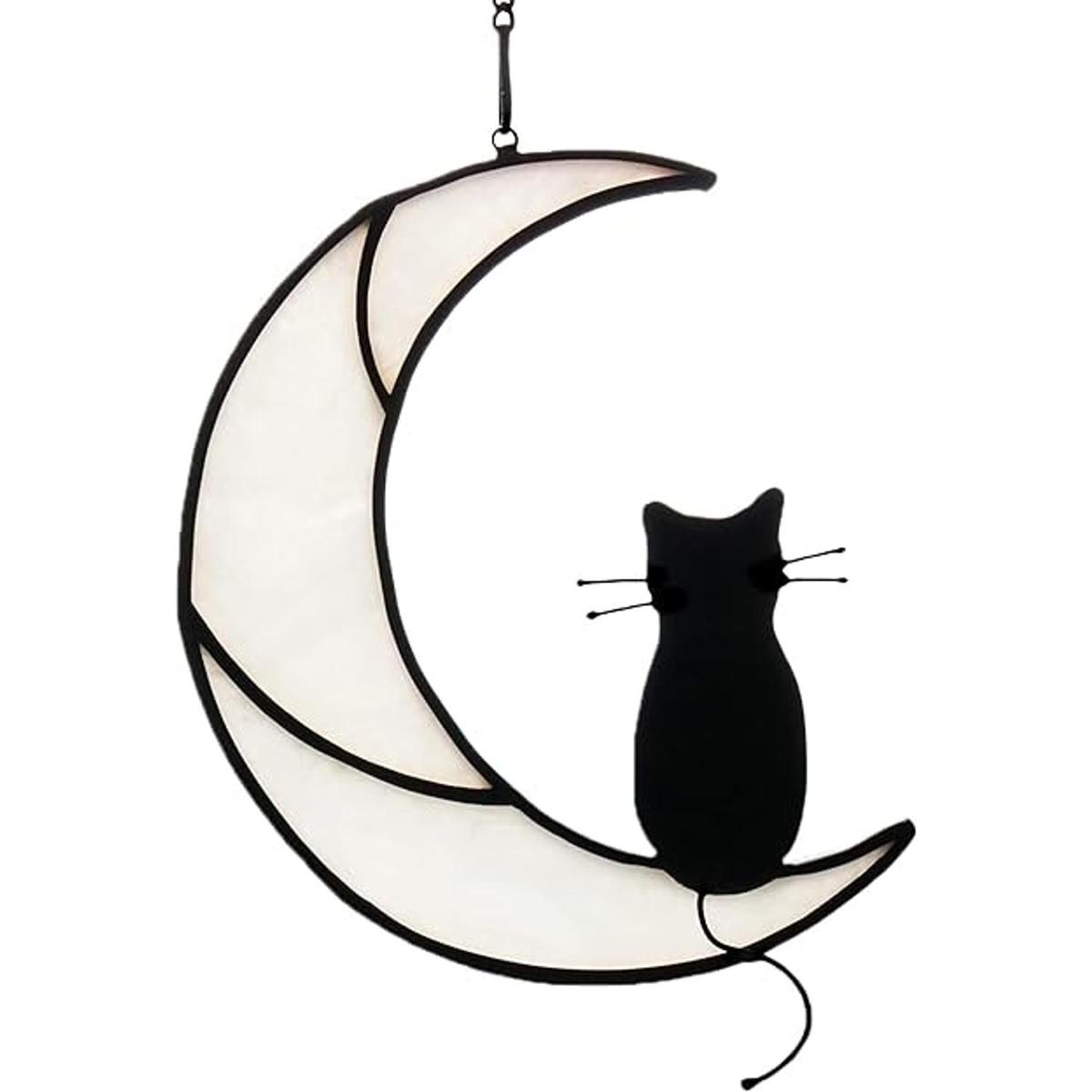 HAOSUM Adorno colgante de vitral de gato negro sobre luna